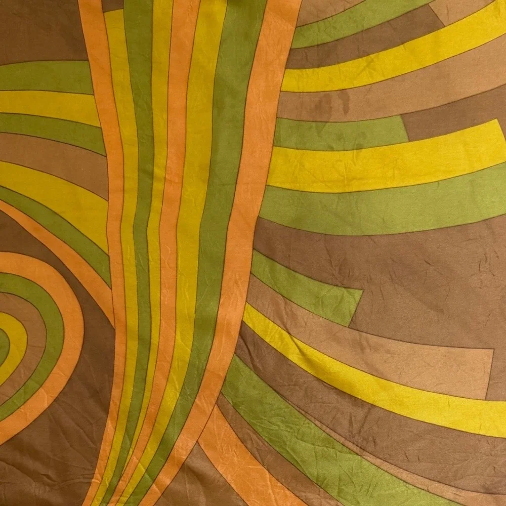 Vintage 70s Mid Century Geometric Swirl Square Scarf Women Brown Boho Chic Japan